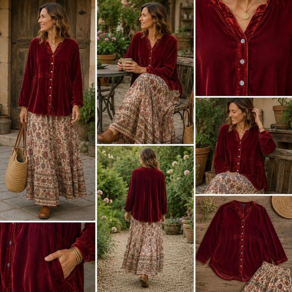 Natural Life Laid Back Velvet Button Up Tunic Top Rust Boho Oversized Large